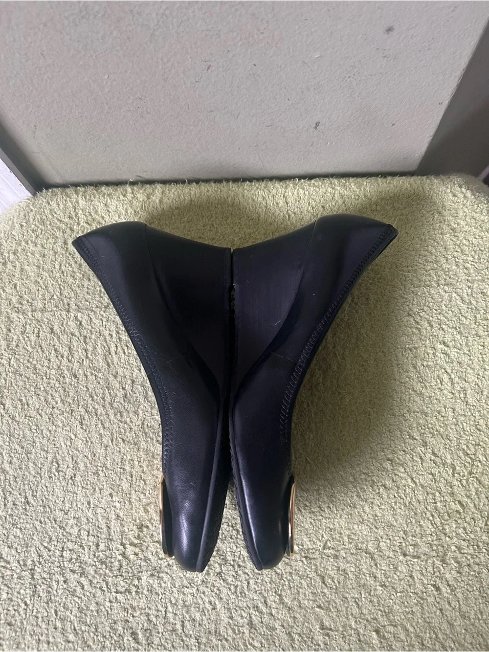 Tory Burch Black Leather Logo Round-Toe Wedge Heels with Gold Emblem